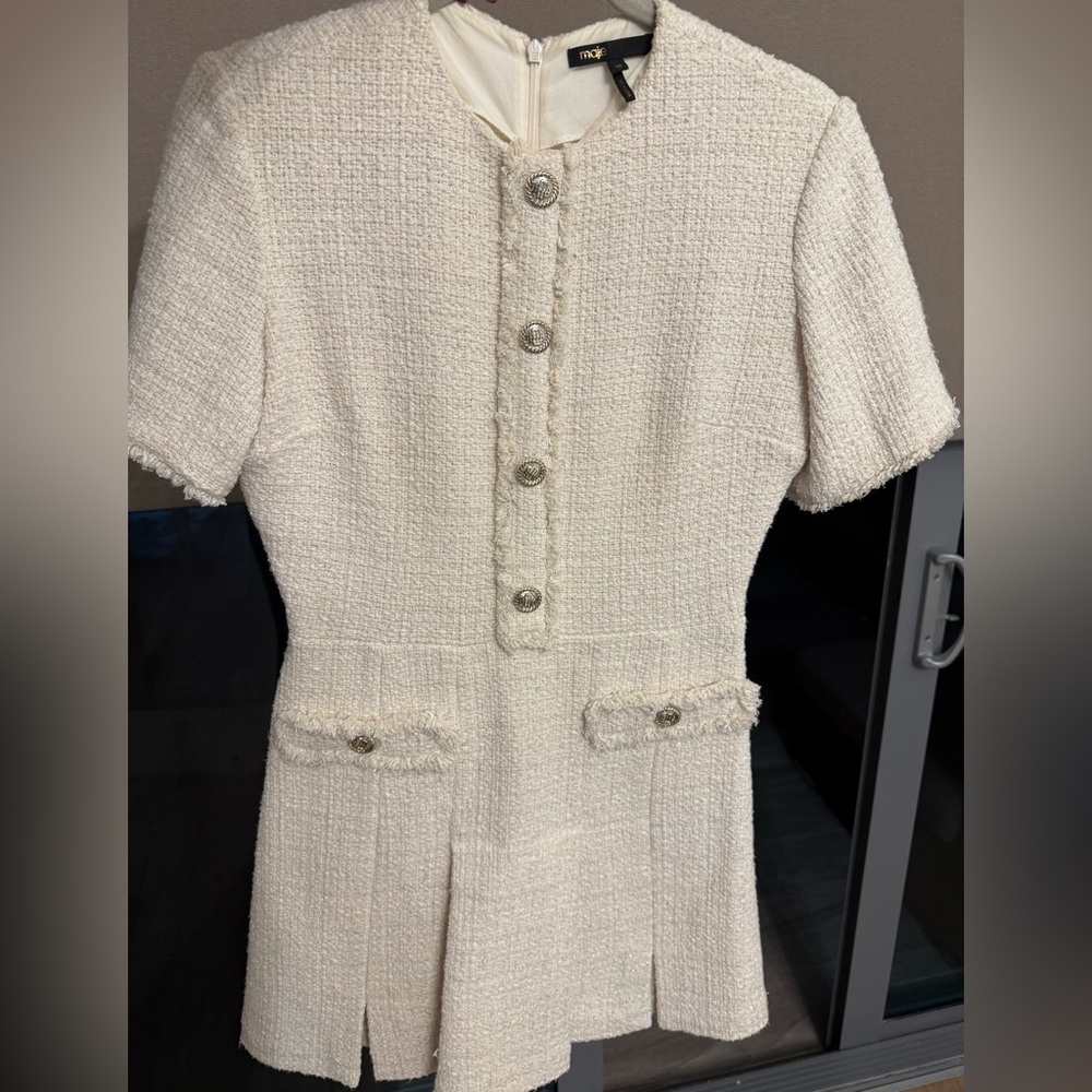 Maje Cream Tweed Mini Dress with Gold Buttons